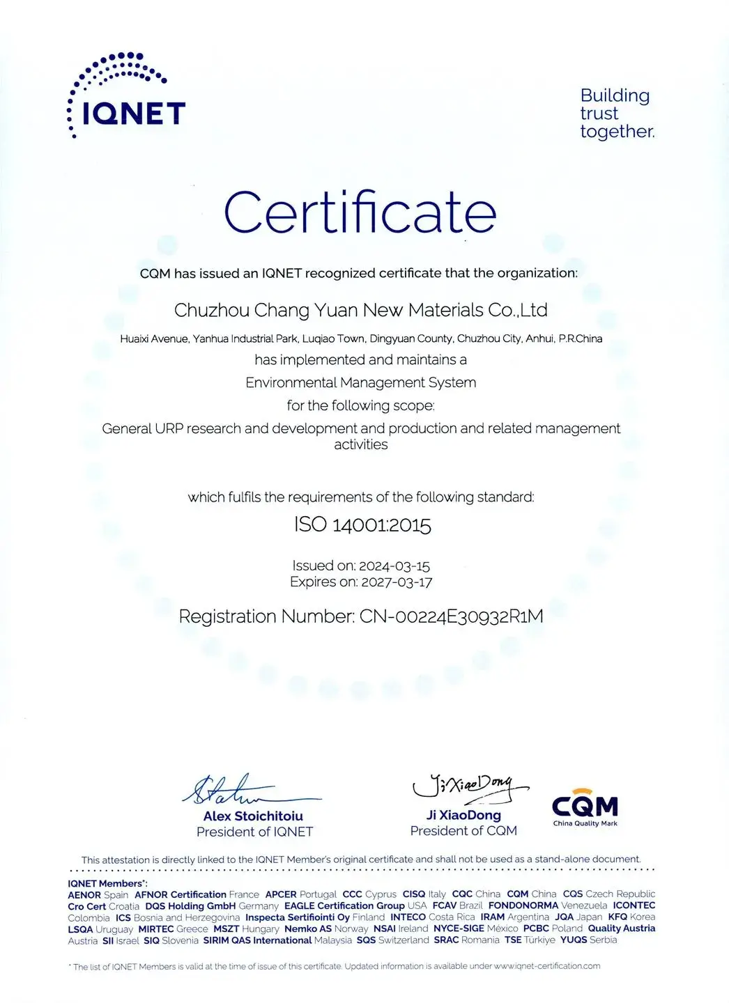 IQNet ISO 14001 Certificate
